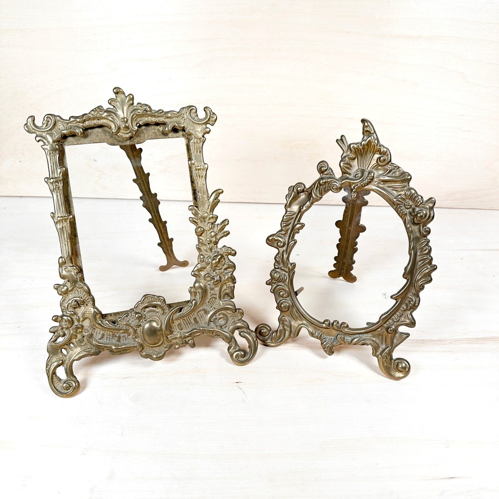 Vintage Brass Rococo Easel Picture Frames Pair Ornate 4x6 & Oval Set